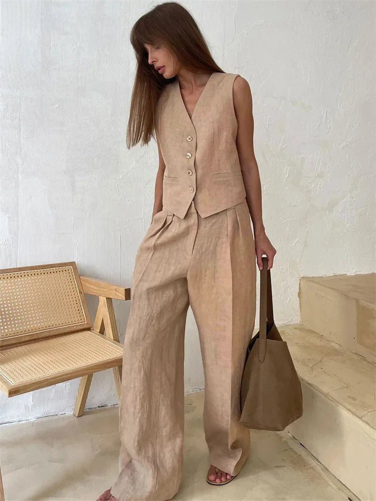 Luisa | Damen Leinen Hosenanzug Weste mit Plissee-Hose