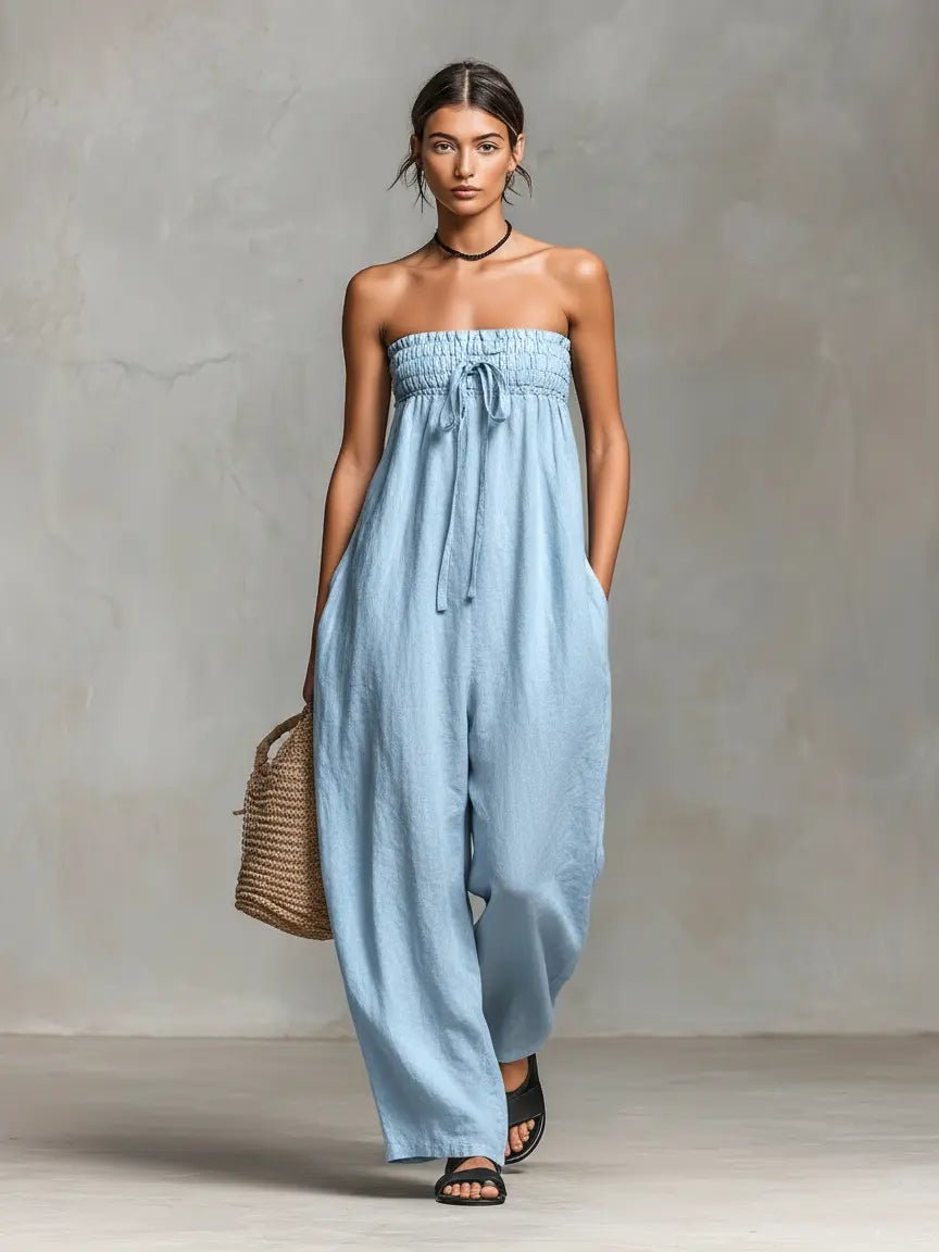Emilia | Damen Leinen Jumpsuit Trägerlos Weites Bein