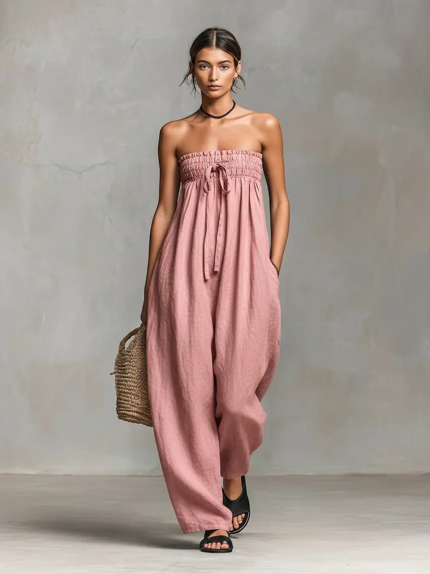 Emilia | Damen Leinen Jumpsuit Trägerlos Weites Bein