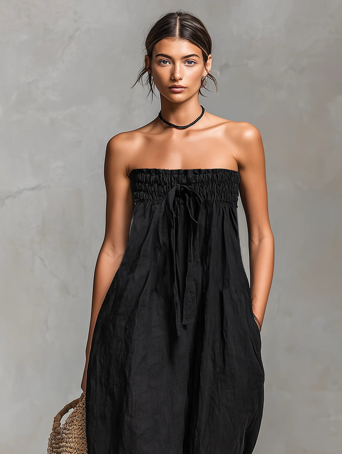 Emilia | Damen Leinen Jumpsuit Trägerlos Weites Bein
