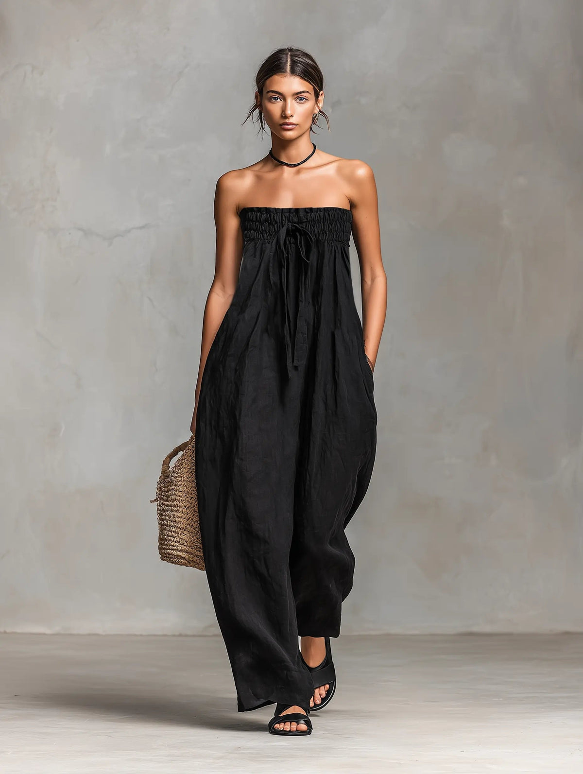 Emilia | Damen Leinen Jumpsuit Trägerlos Weites Bein