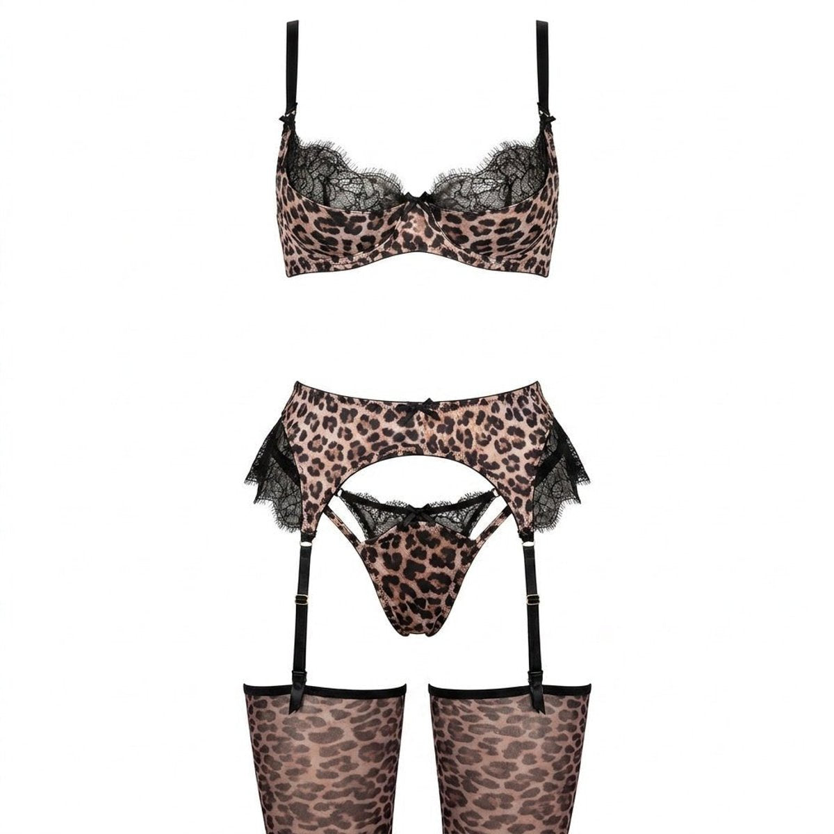 Johanna | Damen Leoparden Dessous-Set mit Spitzenbesatz vierteilig