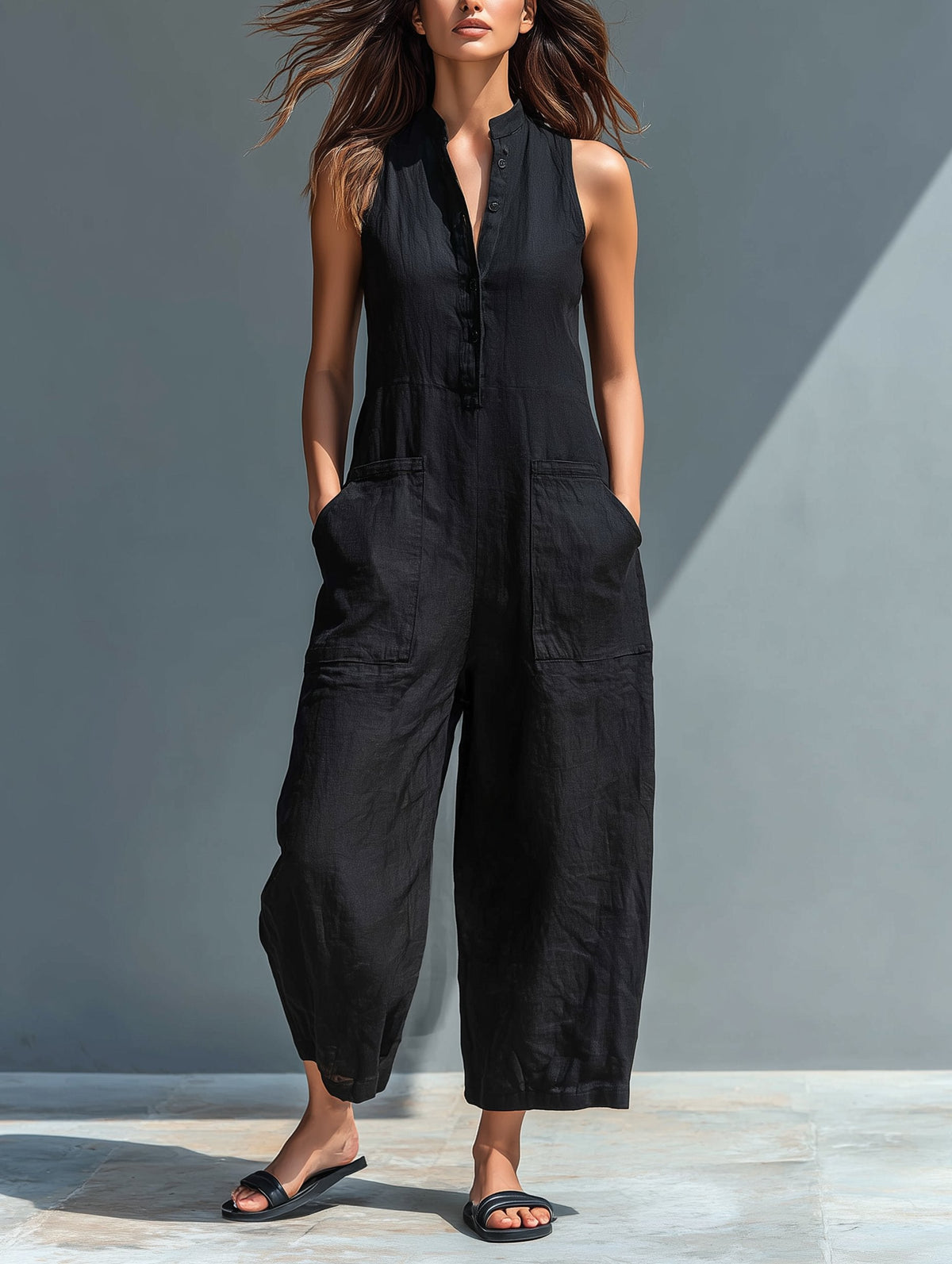 Elfriede | Damen Linen Jumpsuit ärmellos Stehkragen Knopfleiste