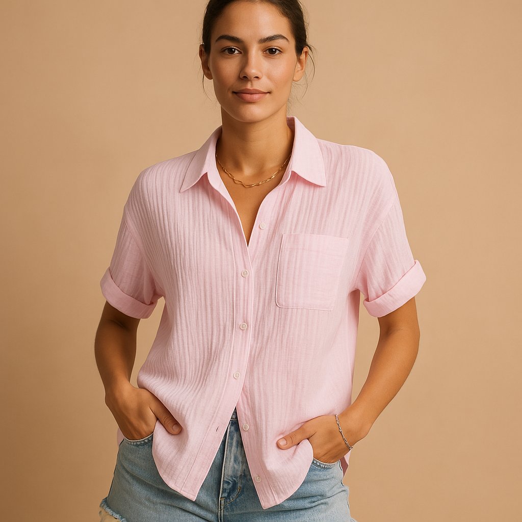 Charlotte | Damen Linen-Look Kurzarm Hemdbluse mit Brusttasche