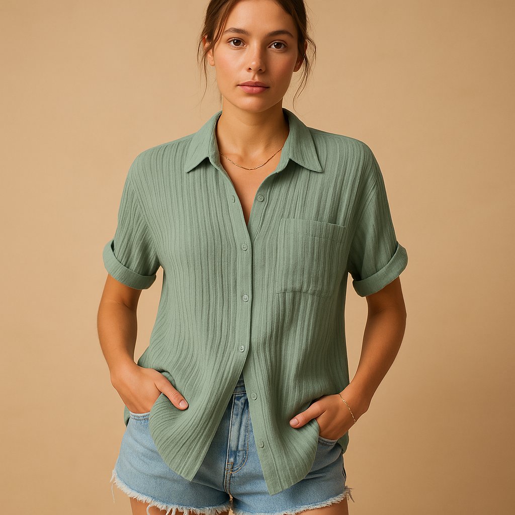 Charlotte | Damen Linen-Look Kurzarm Hemdbluse mit Brusttasche