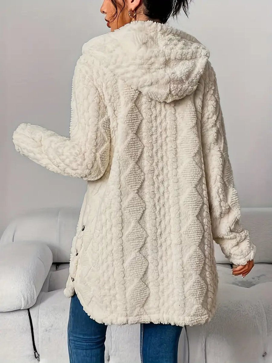 Marlene | Damen Longline Cardigan mit Kapuze Plüsch Knopfleiste Oversized