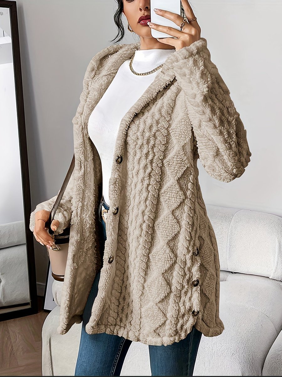 Marlene | Damen Longline Cardigan mit Kapuze Plüsch Knopfleiste Oversized
