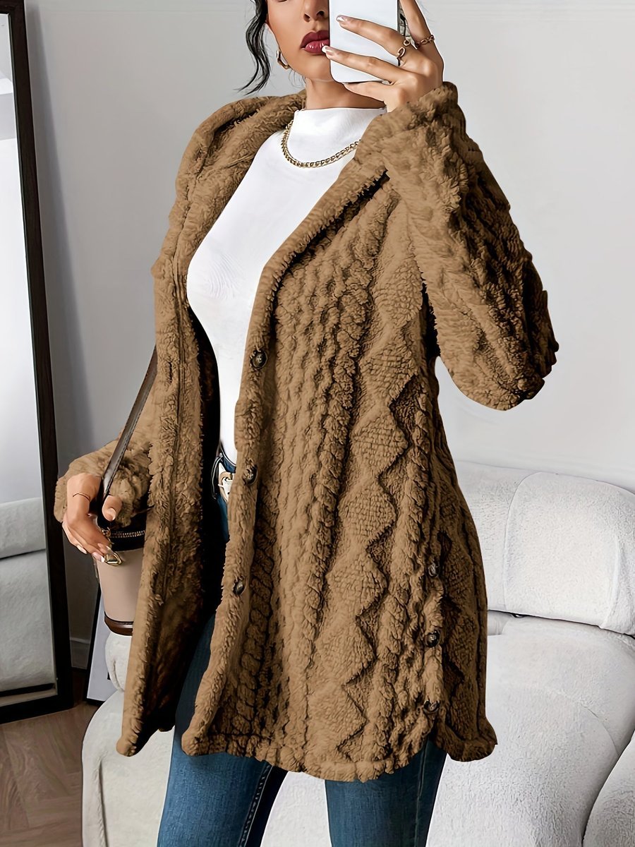Marlene | Damen Longline Cardigan mit Kapuze Plüsch Knopfleiste Oversized