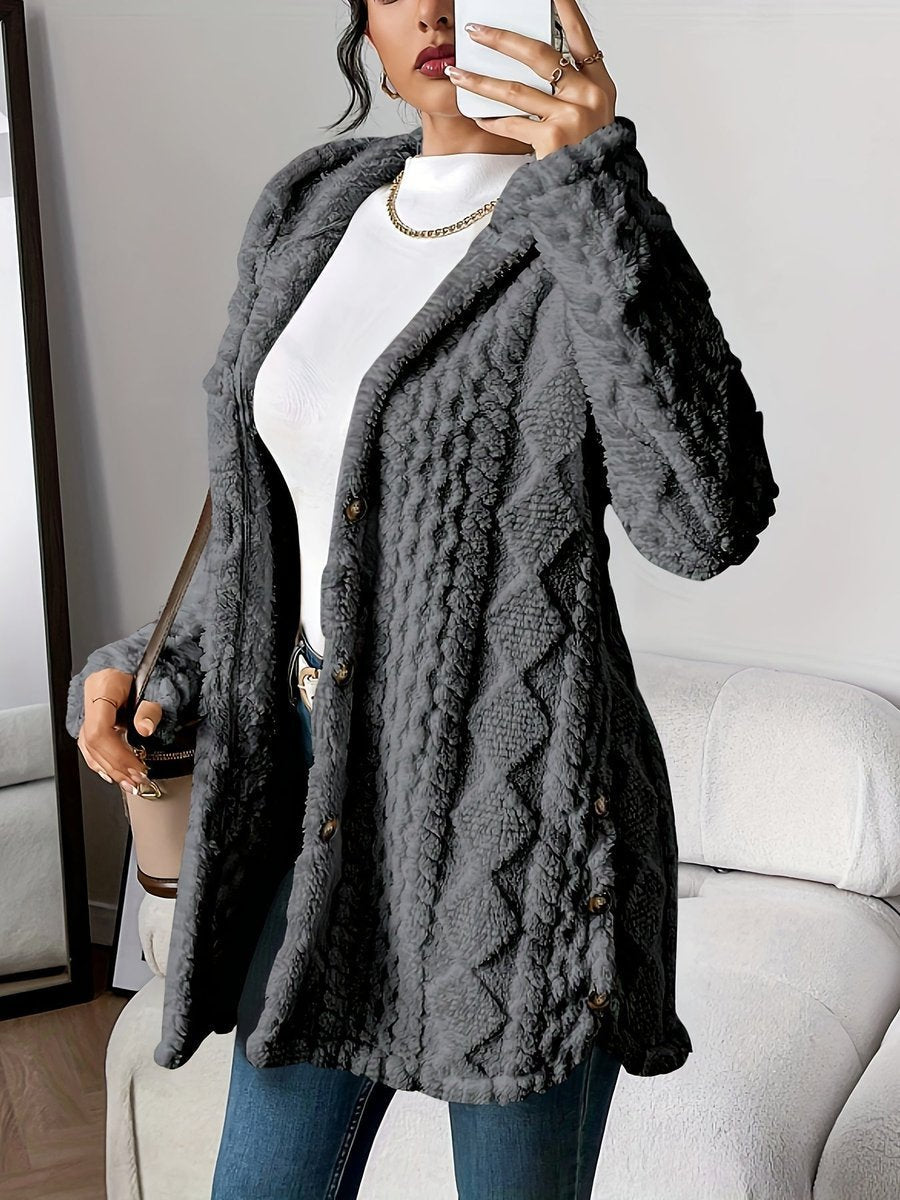 Marlene | Damen Longline Cardigan mit Kapuze Plüsch Knopfleiste Oversized