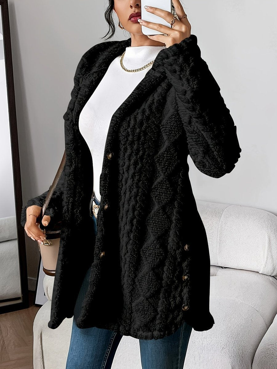 Marlene | Damen Longline Cardigan mit Kapuze Plüsch Knopfleiste Oversized