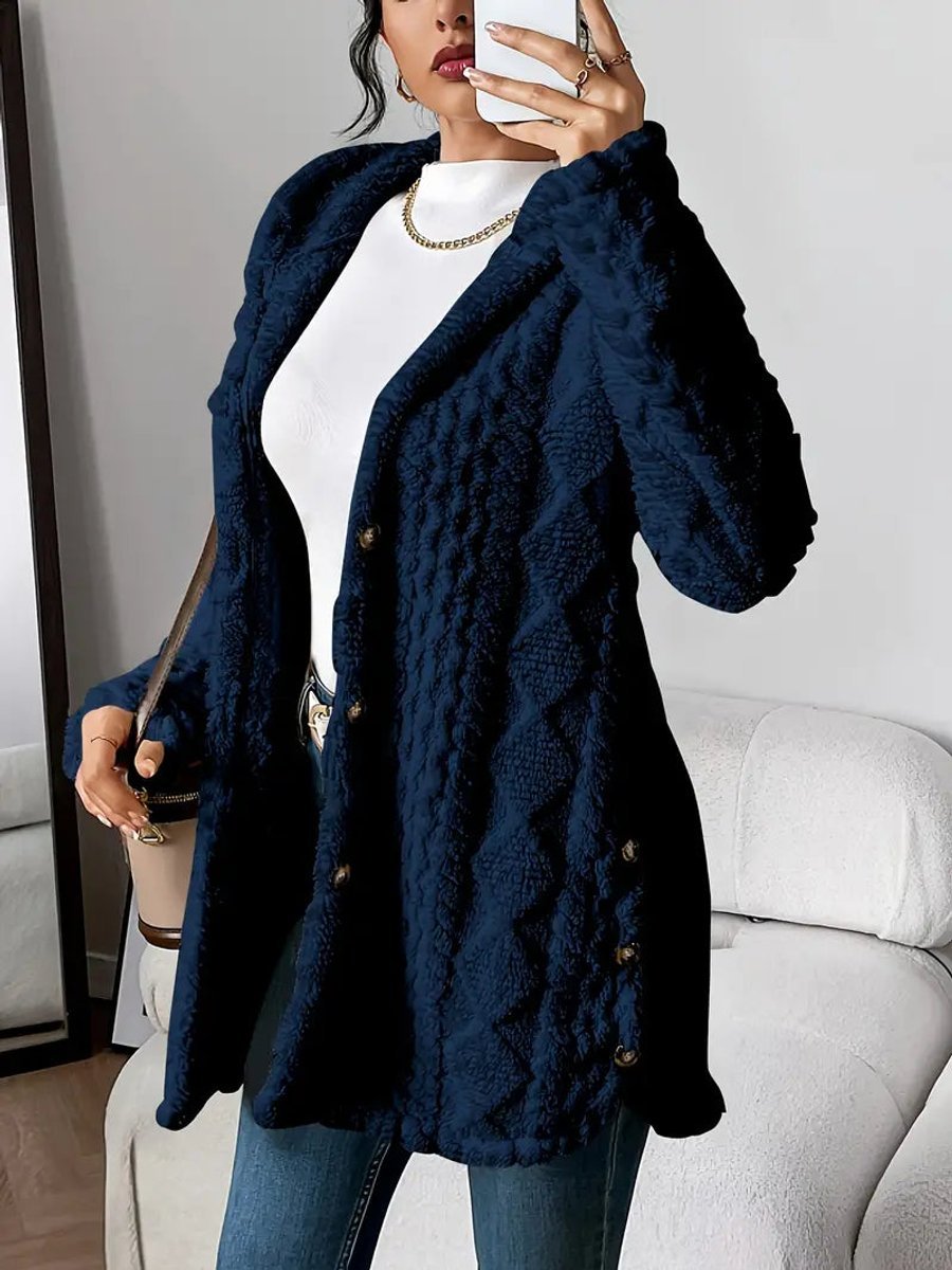 Marlene | Damen Longline Cardigan mit Kapuze Plüsch Knopfleiste Oversized
