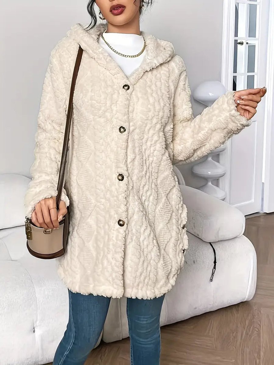 Marlene | Damen Longline Cardigan mit Kapuze Plüsch Knopfleiste Oversized