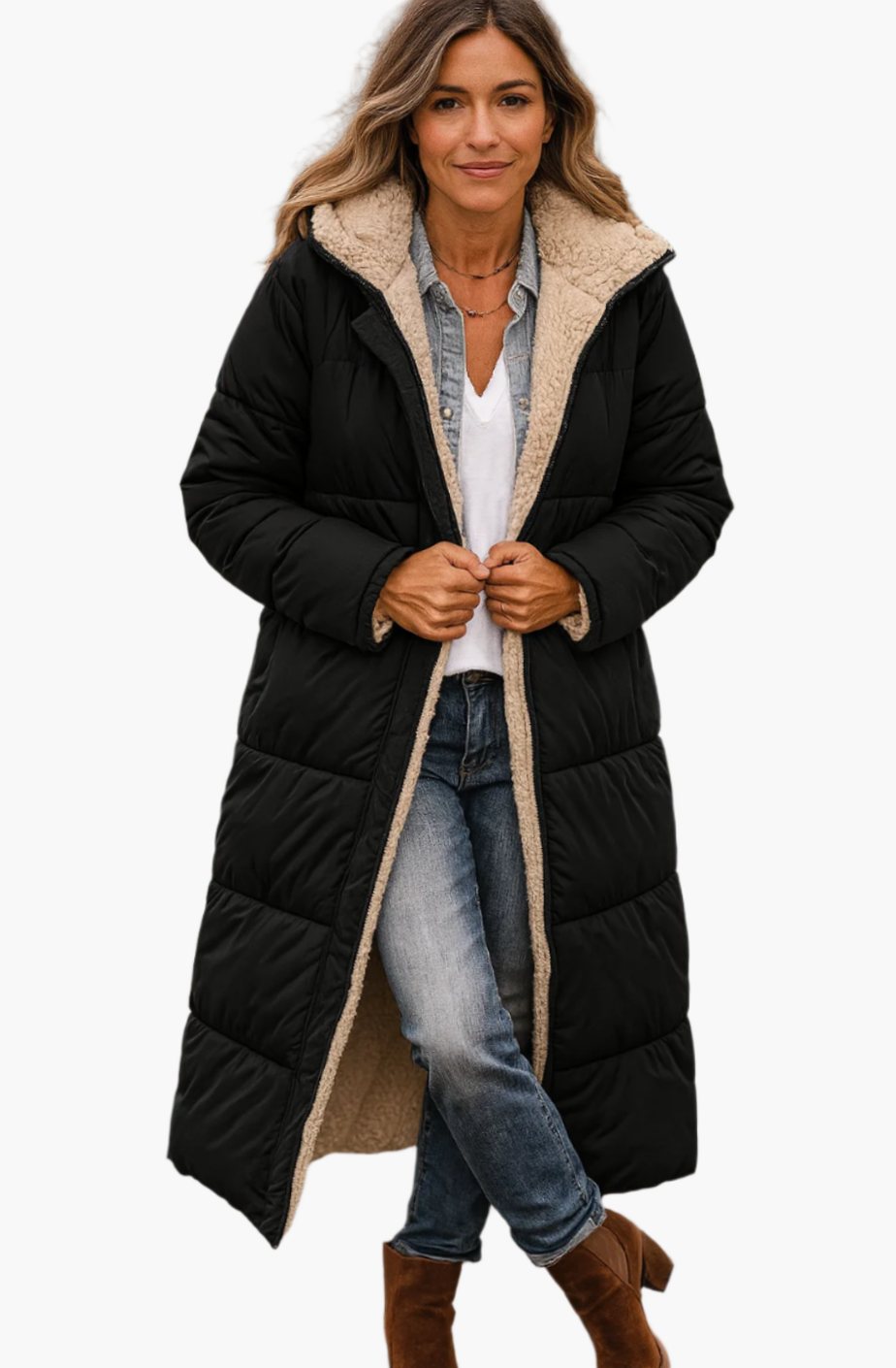 Frieda | Damen Longline Puffer Jacke mit Teddyfutter und Kapuze