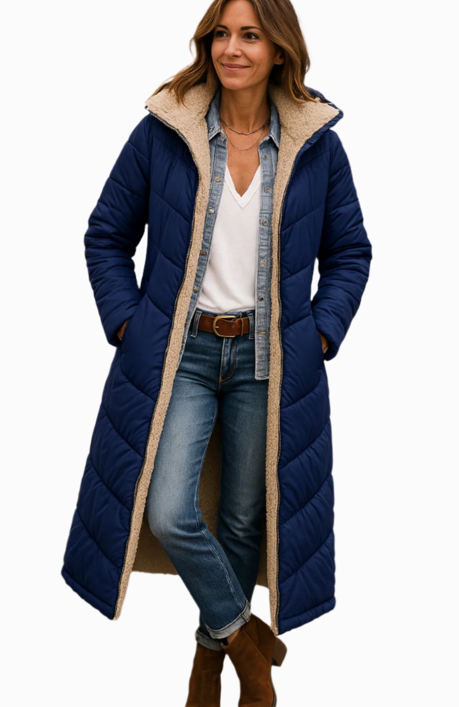 Frieda | Damen Longline Puffer Jacke mit Teddyfutter und Kapuze
