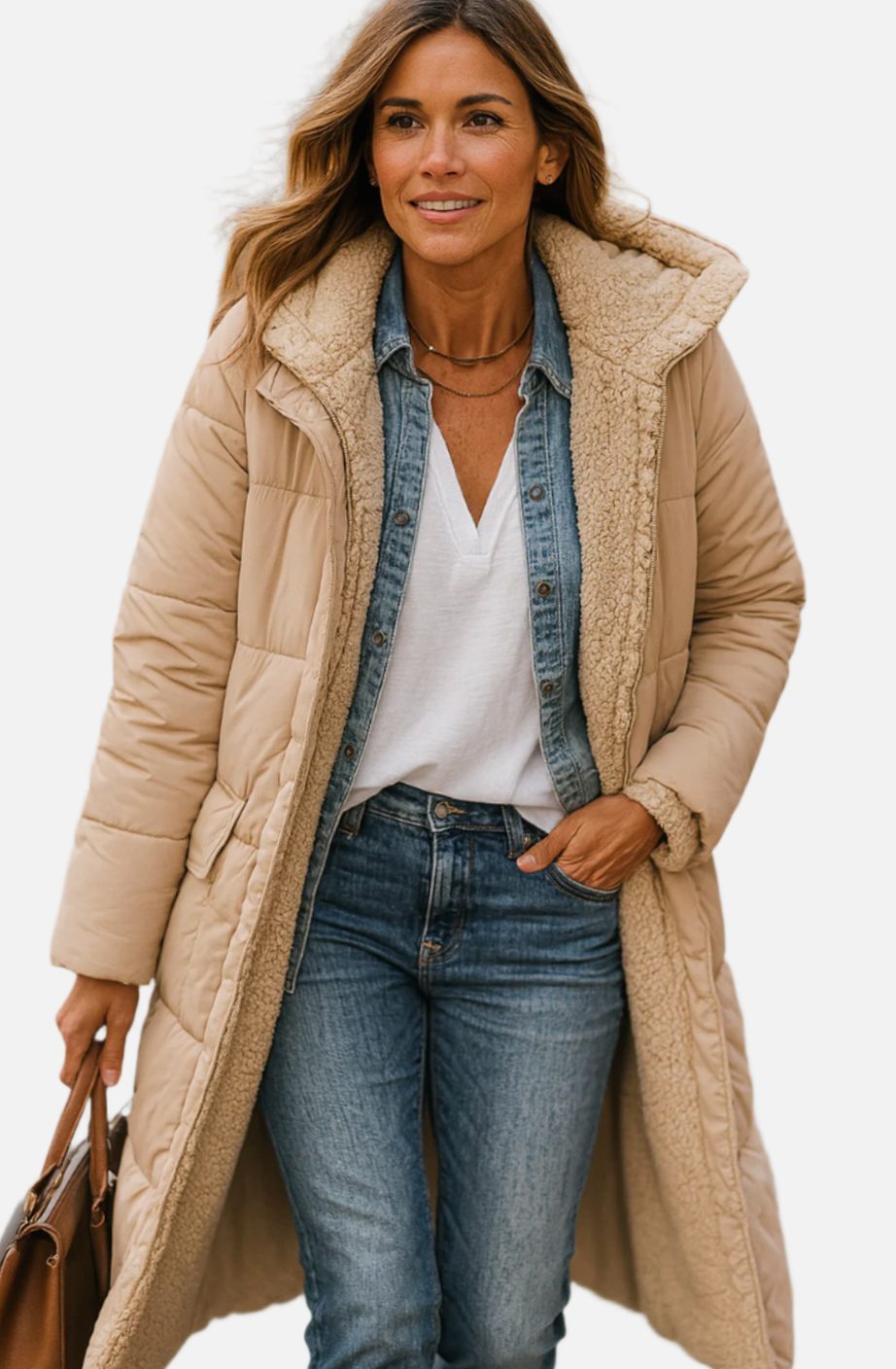 Frieda | Damen Longline Puffer Jacke mit Teddyfutter und Kapuze