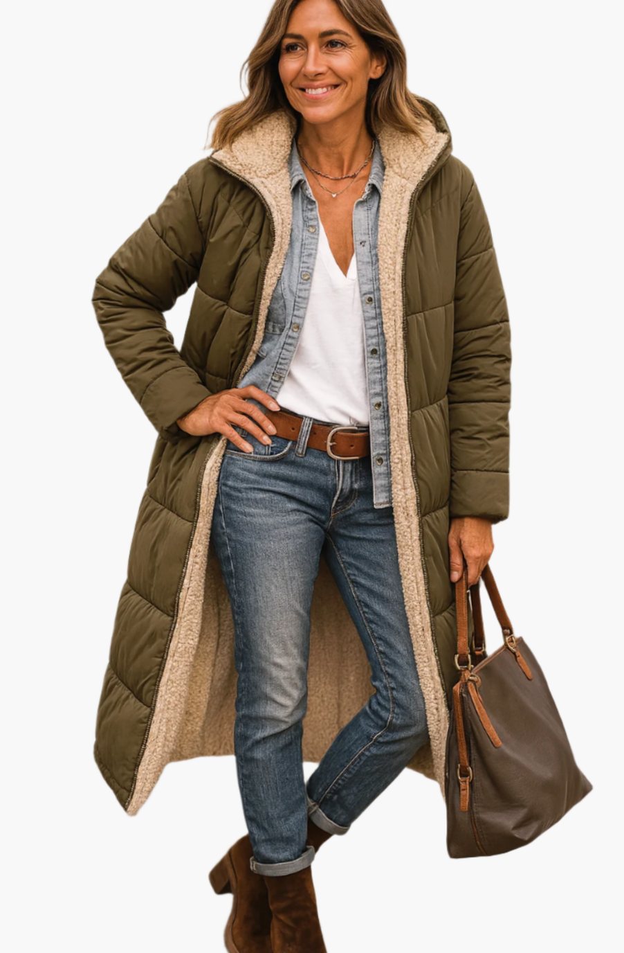 Frieda | Damen Longline Puffer Jacke mit Teddyfutter und Kapuze