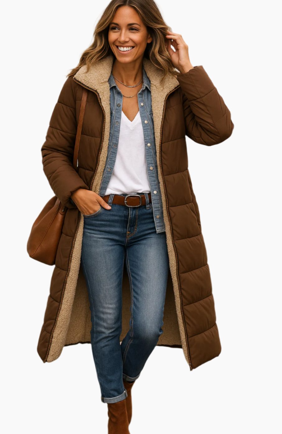 Frieda | Damen Longline Puffer Jacke mit Teddyfutter und Kapuze