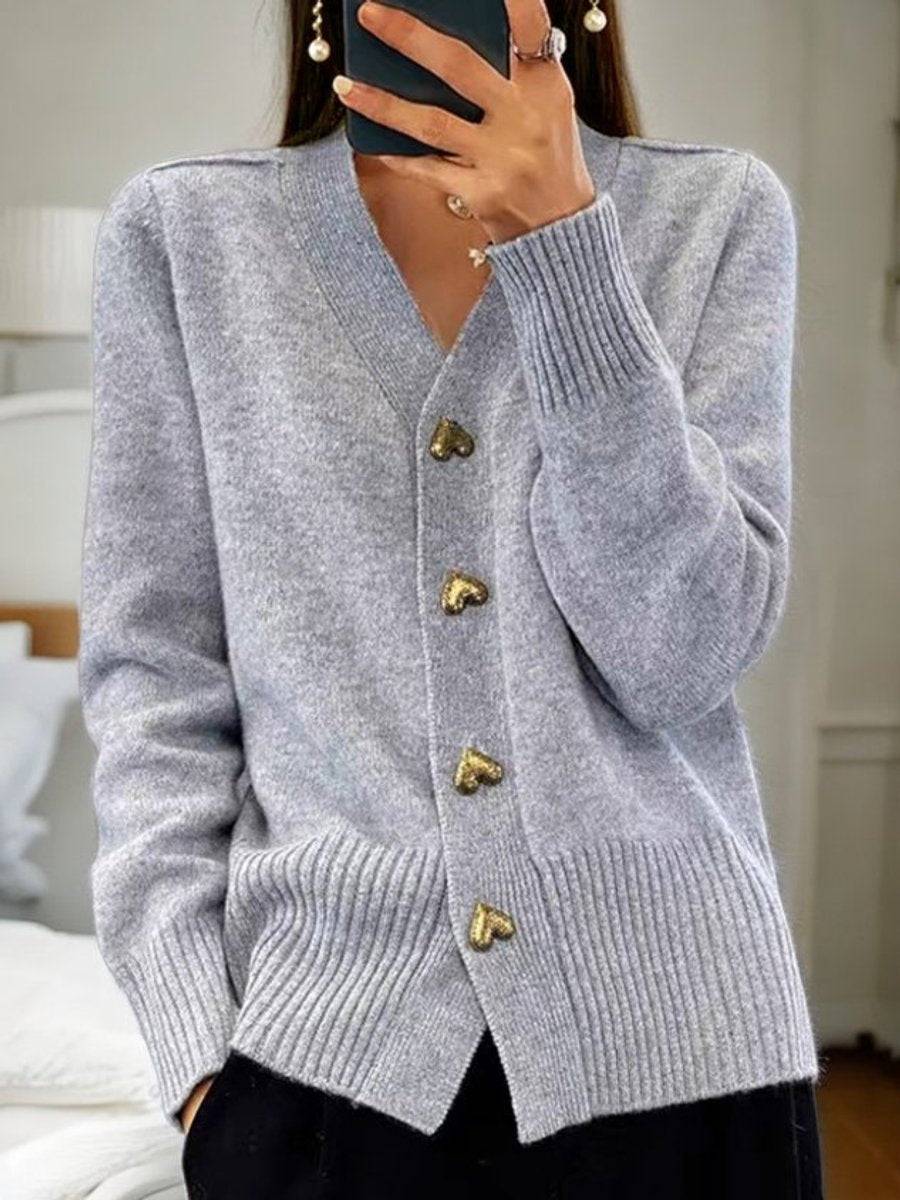 Elfriede | Damen Longline V-Ausschnitt Strick Cardigan mit Herzknöpfen