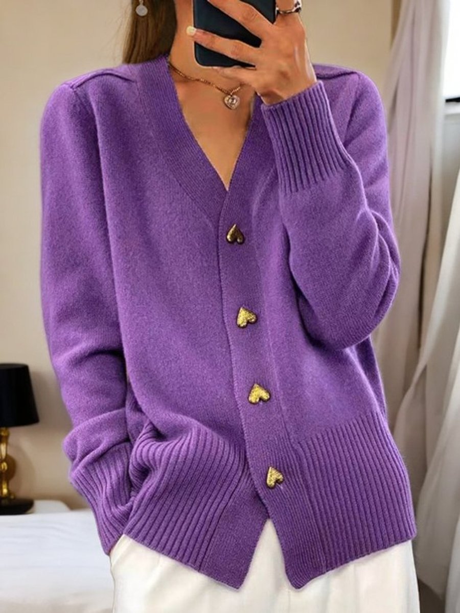 Elfriede | Damen Longline V-Ausschnitt Strick Cardigan mit Herzknöpfen
