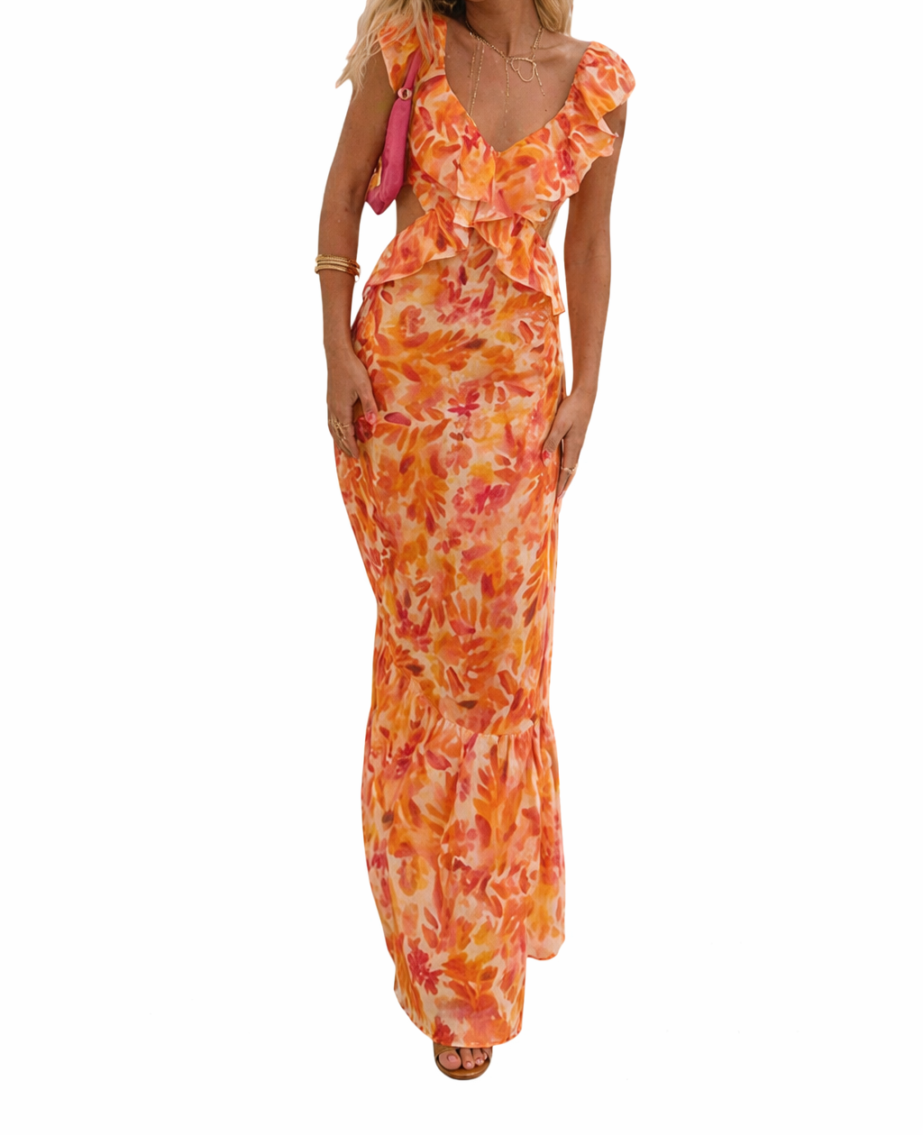 Damen Maxikleid mit Blumenmuster und Rüschendetails