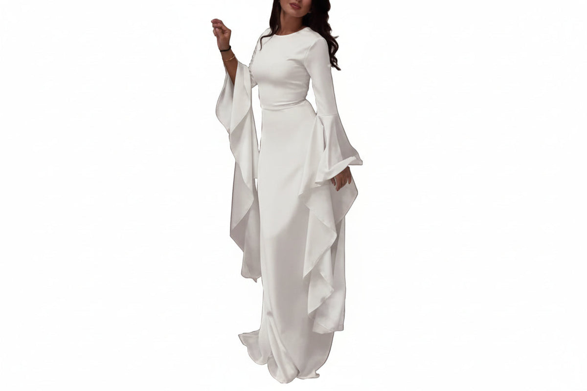Damen Maxikleid mit Langen Ärmeln, Glockenbündchen und Drapierten Rockbahnen