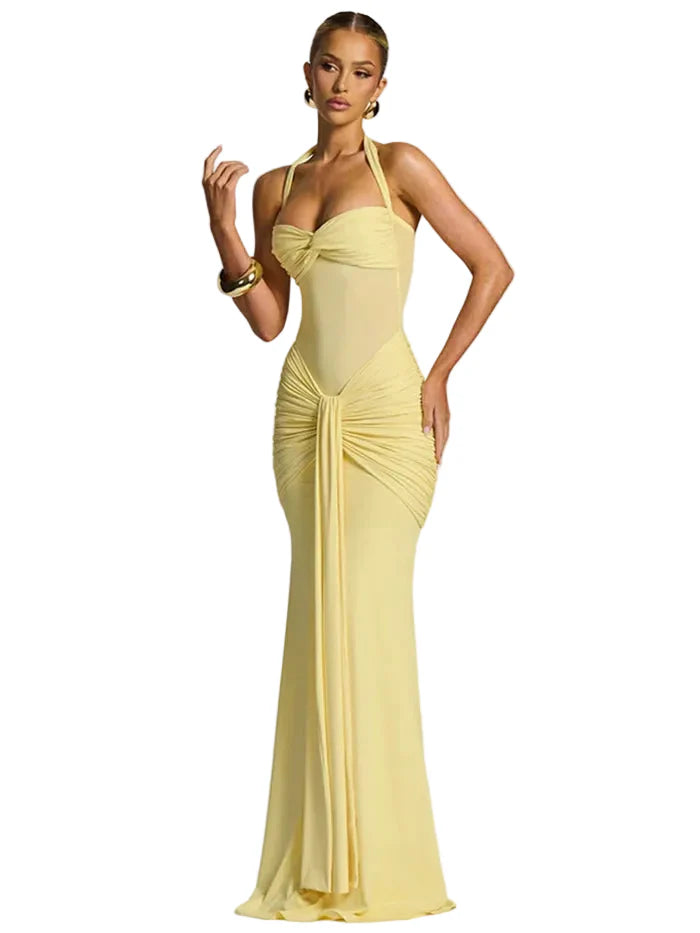 Damen Maxikleid mit Neckholder-Ausschnitt, Transparentem Einsatz und Drapiertem Rock