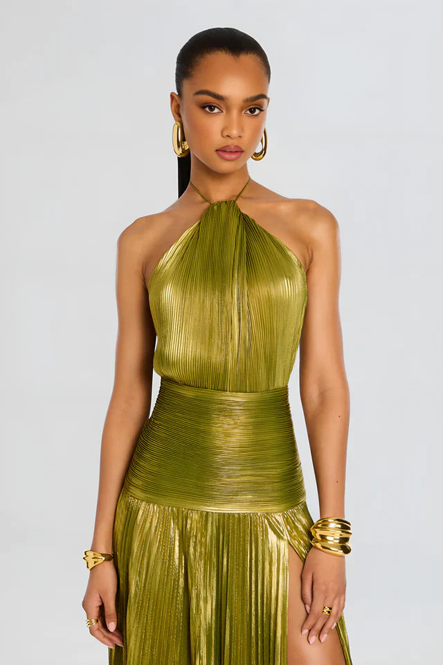 Damen Maxikleid mit Neckholder, Faltenrock und Schlitz