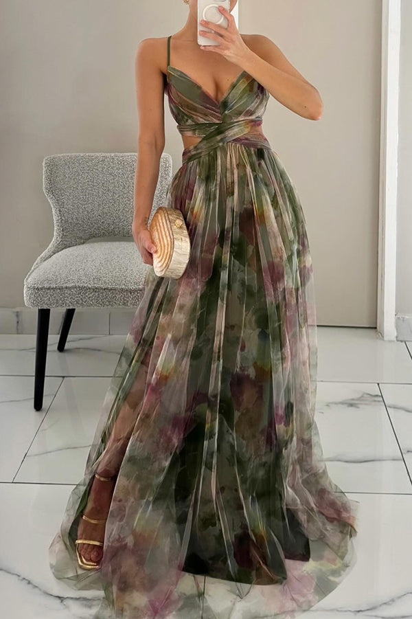 Damen Maxikleid mit Spaghettiträgern, Wickeloberteil und Taillenausschnitt