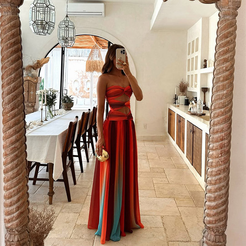 Damen Maxikleid mit trägerlosem Oberteil und Farbverlauf