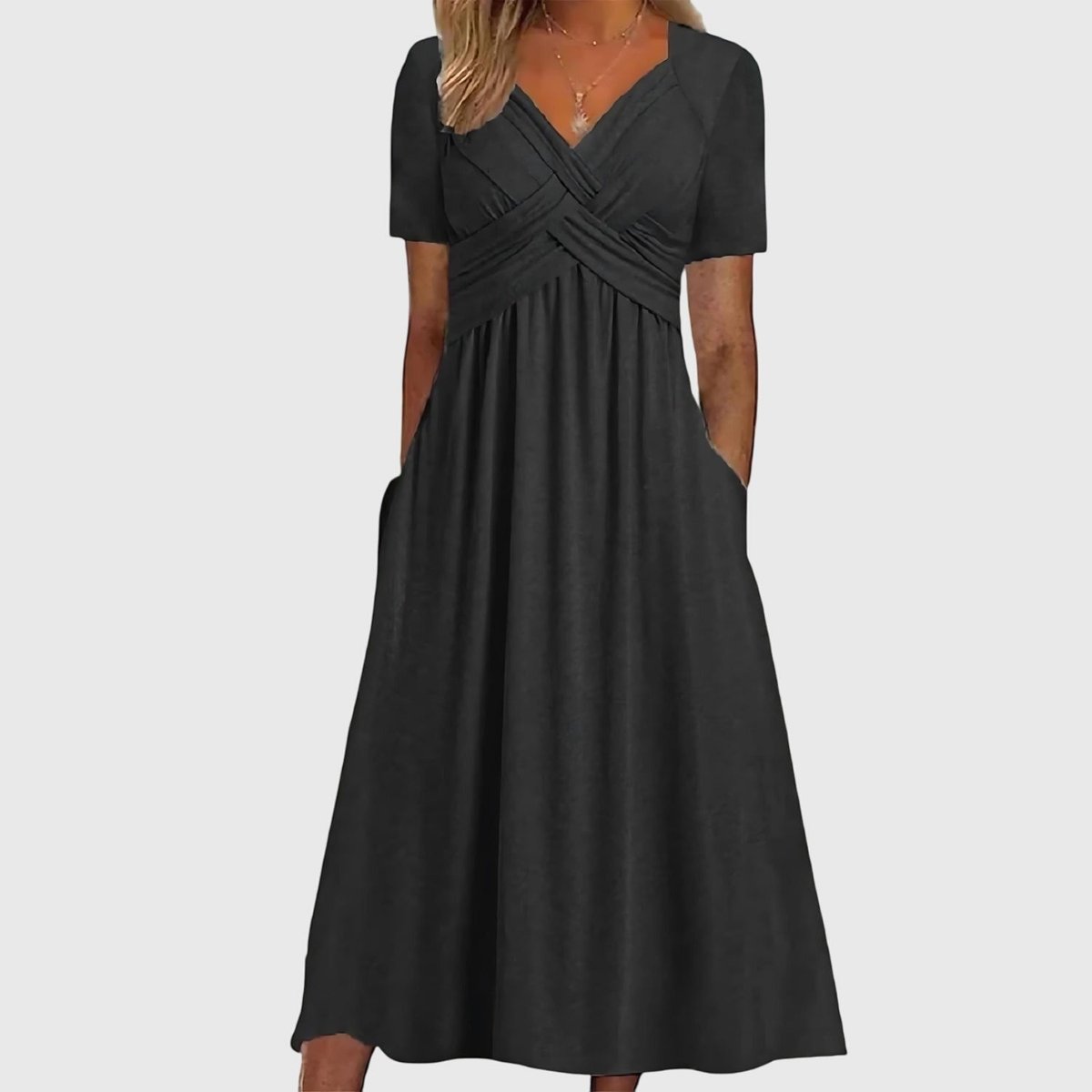 Katharina | Damen Midi Kleid mit Bauchkontrolle V-Ausschnitt Kurzarm