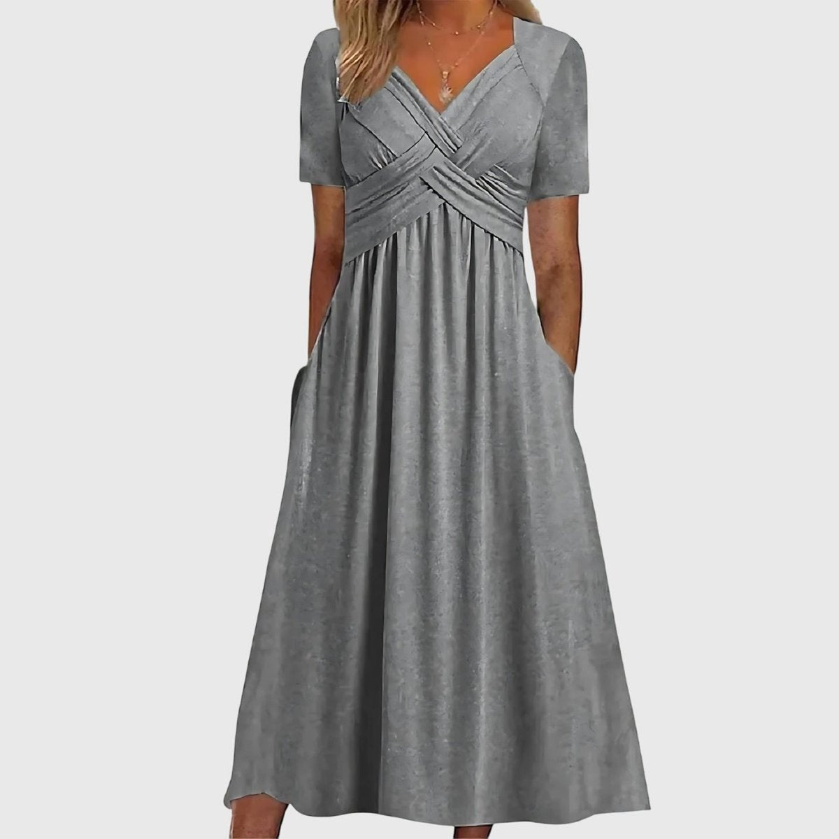 Katharina | Damen Midi Kleid mit Bauchkontrolle V-Ausschnitt Kurzarm