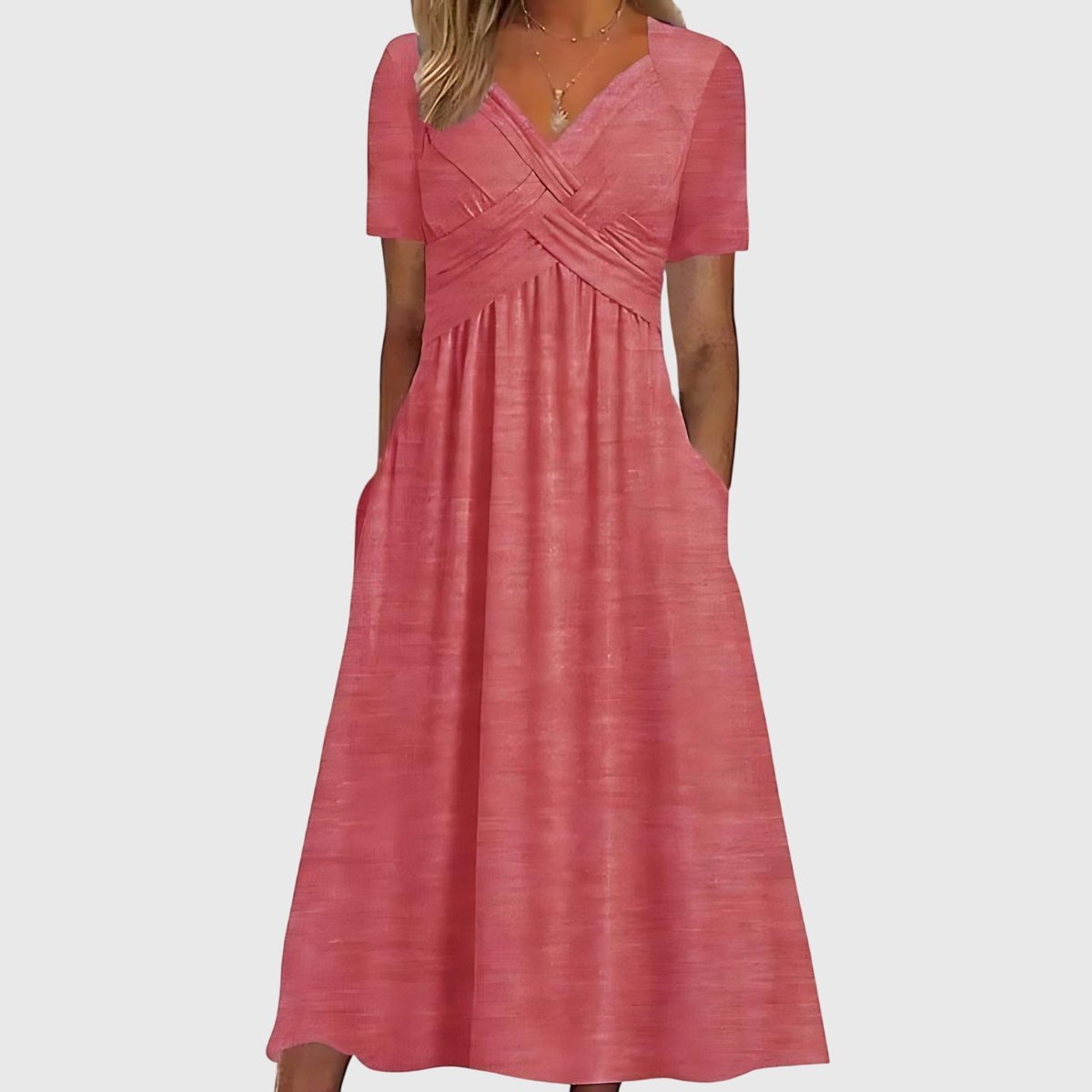 Katharina | Damen Midi Kleid mit Bauchkontrolle V-Ausschnitt Kurzarm