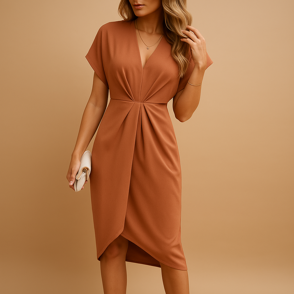 Damen Midi-Kleid mit V-Ausschnitt, Flügelärmeln und geraffter Taille