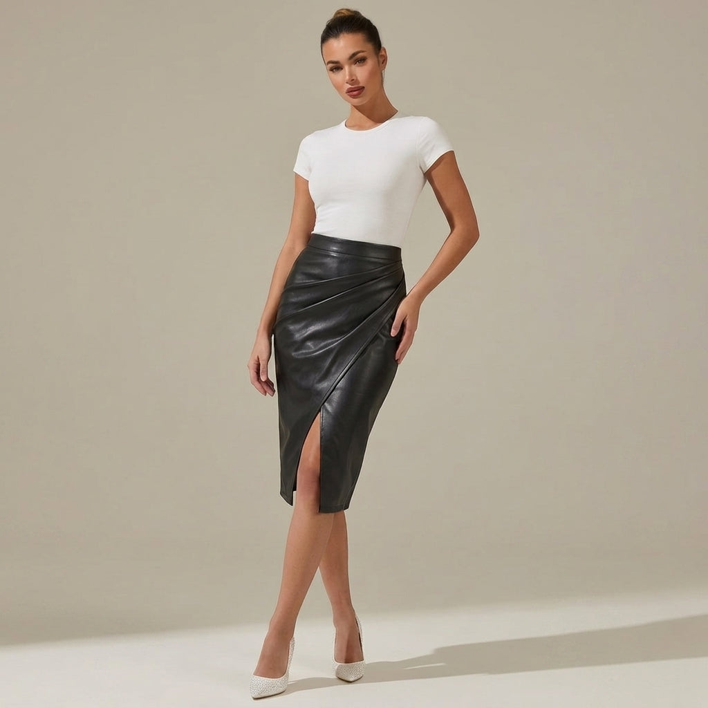 Damen Midi-Rock mit Raffung und vorderem Schlitz