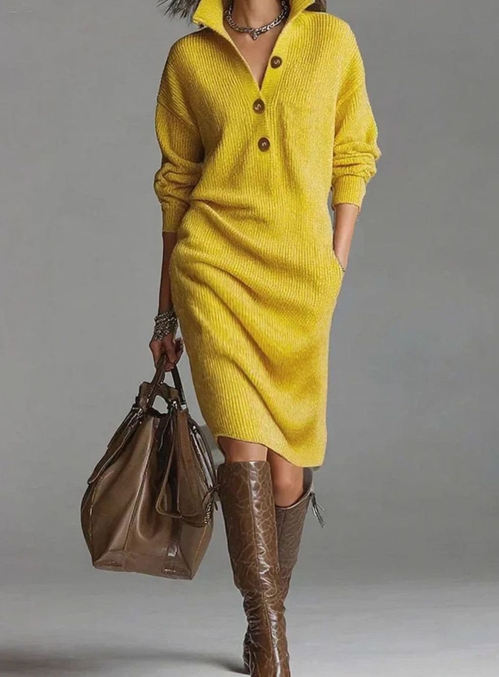 Charlotte | Damen Midi-Strickkleid mit Knopfleiste und Rippstruktur