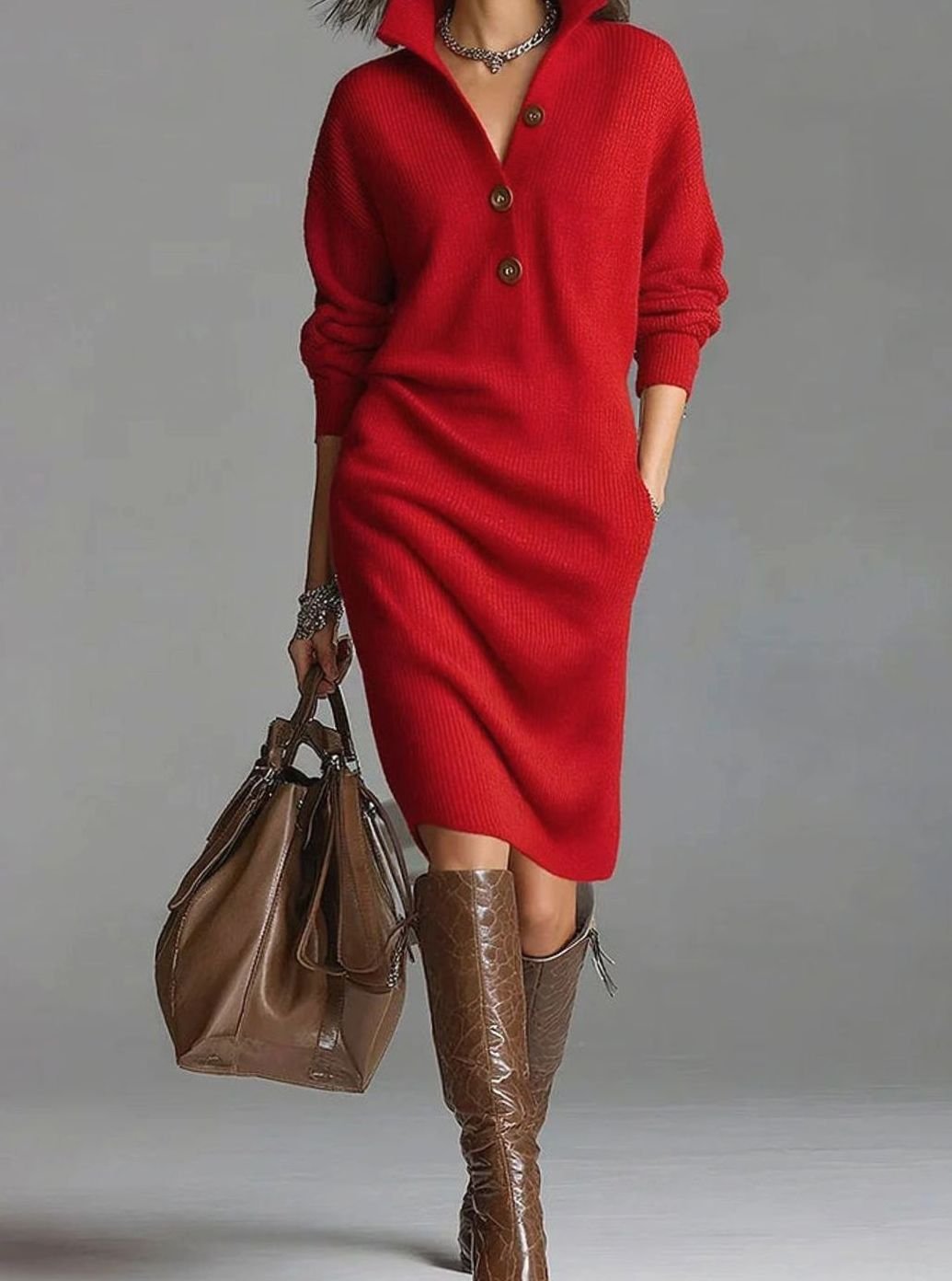 Charlotte | Damen Midi-Strickkleid mit Knopfleiste und Rippstruktur