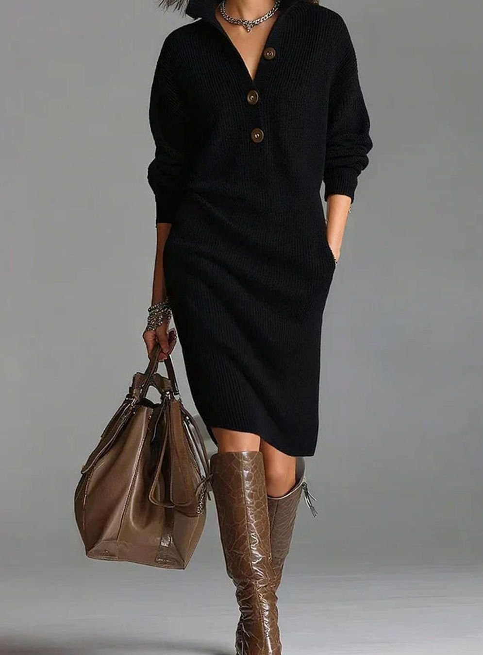 Charlotte | Damen Midi-Strickkleid mit Knopfleiste und Rippstruktur