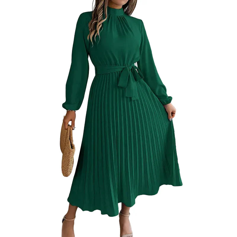 Damen-Midikleid mit Falten, langen Ärmeln und Taillengürtel