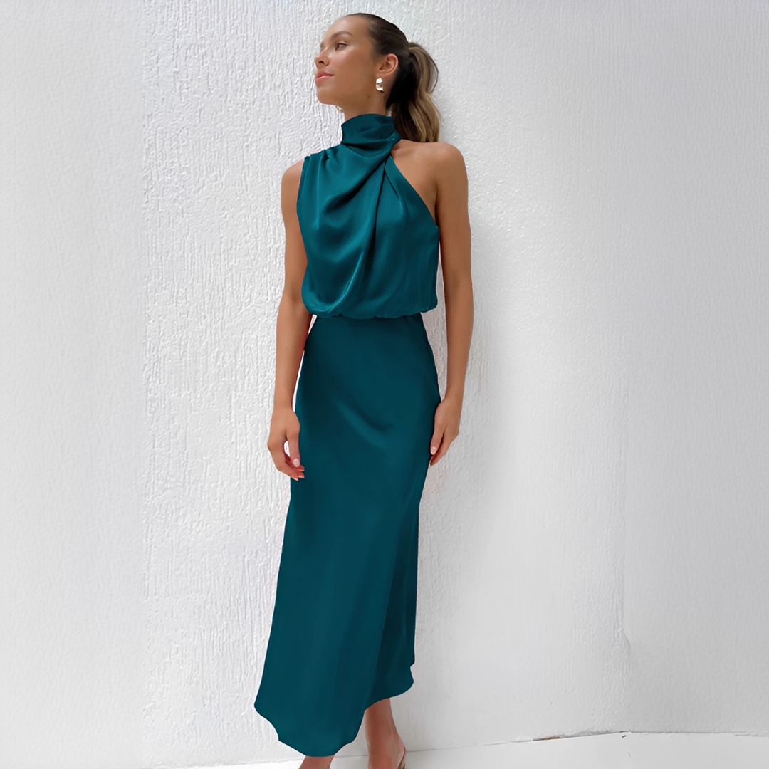 Damen Midikleid mit Halterkragen und drapiertem Oberteil