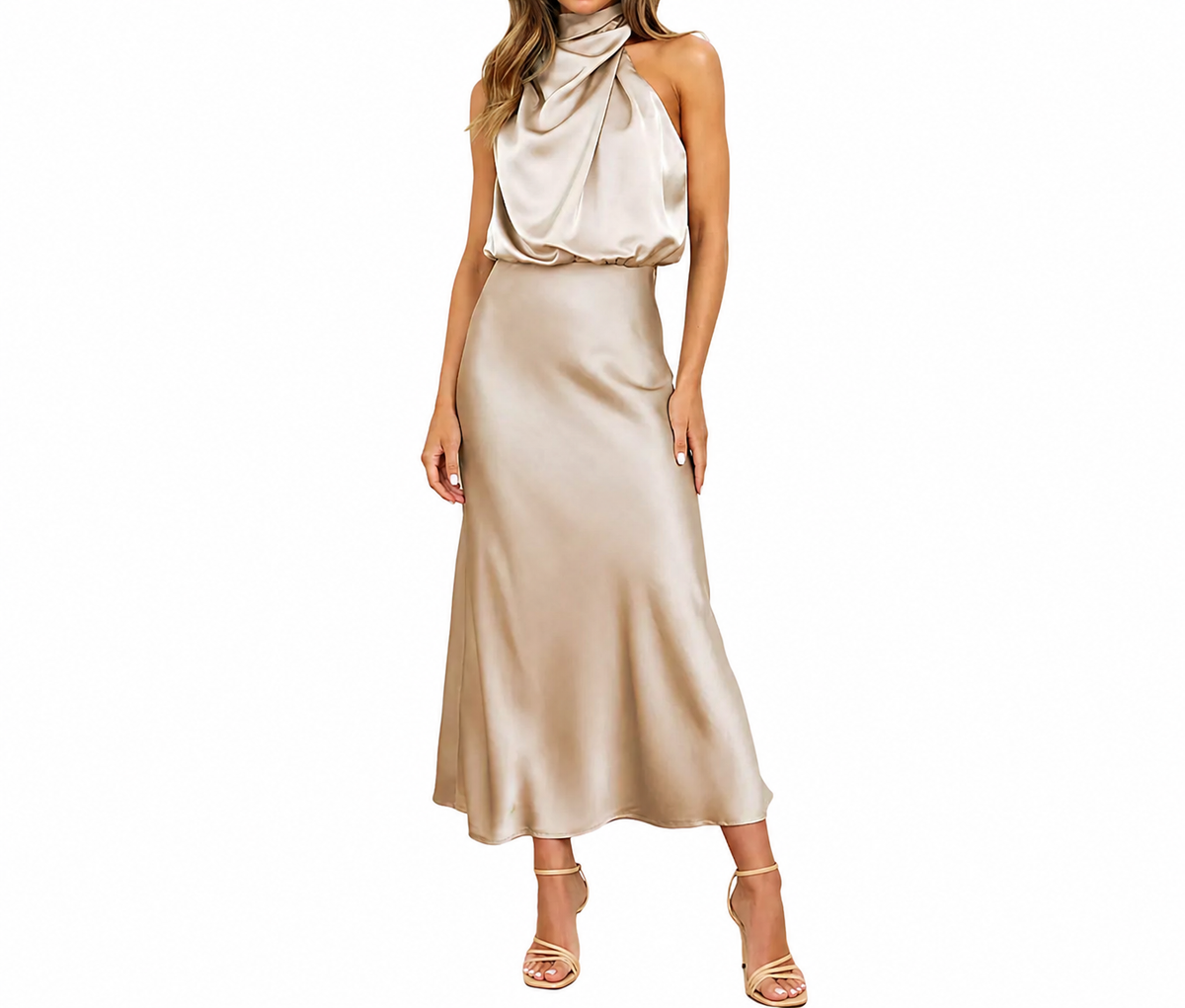 Damen Midikleid mit Halterkragen und drapiertem Oberteil