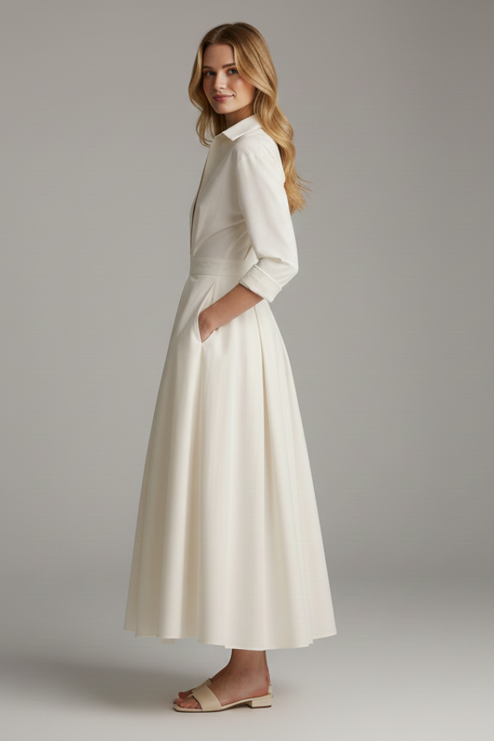 Damen Midikleid mit Kragen, V-Ausschnitt und Faltenrock