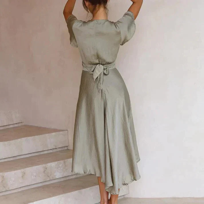 Damen Midikleid mit Kurzen Ärmeln, Frontbindung und Asymmetrischem Saum