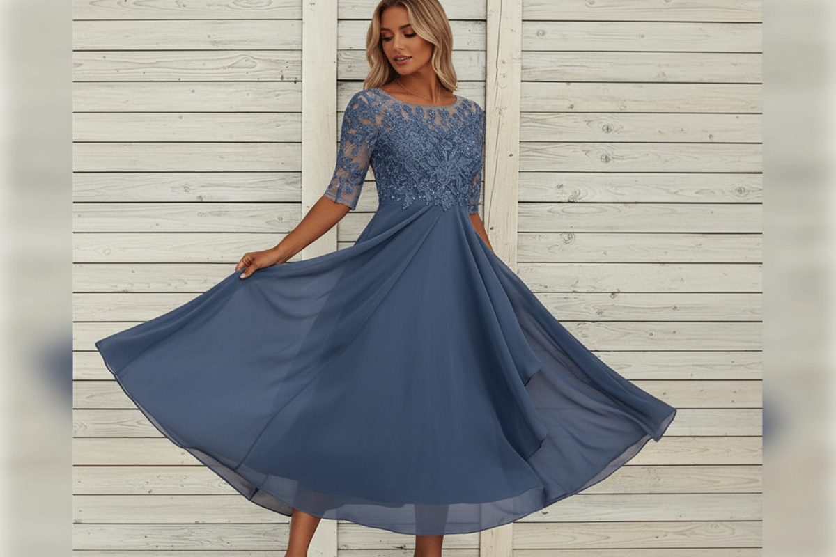 Damen MidiKleid mit Spitzenoberteil und ausgestelltem Rock
