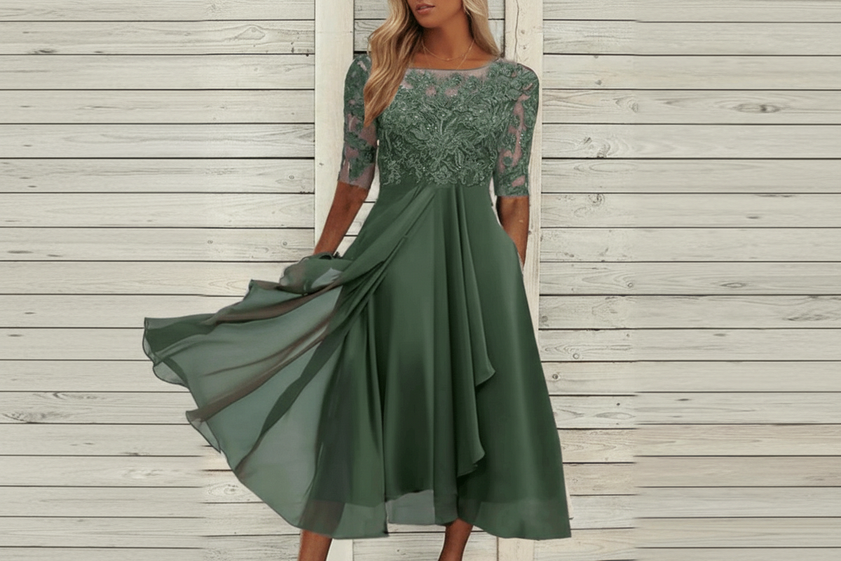 Damen MidiKleid mit Spitzenoberteil und ausgestelltem Rock