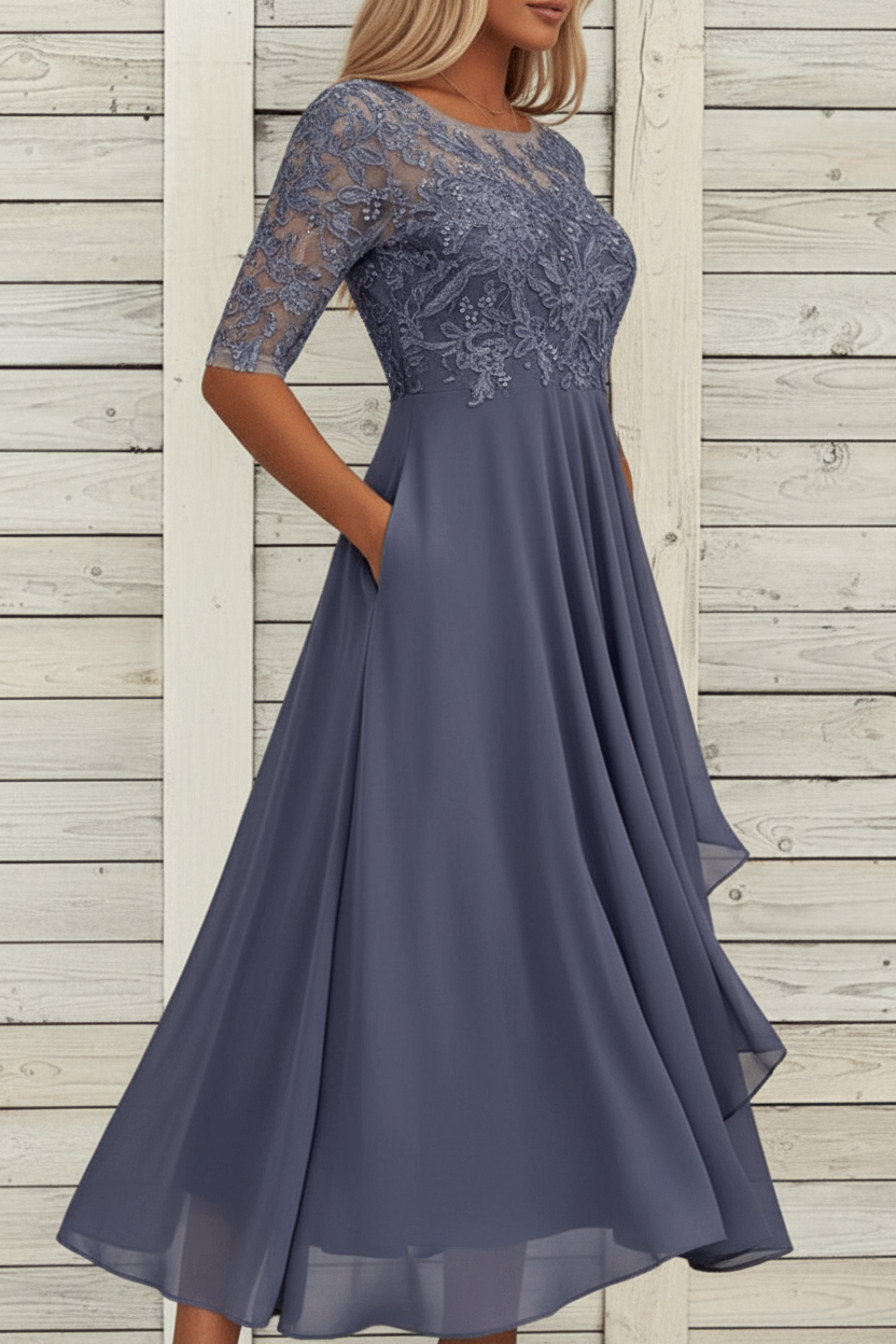 Damen MidiKleid mit Spitzenoberteil und ausgestelltem Rock