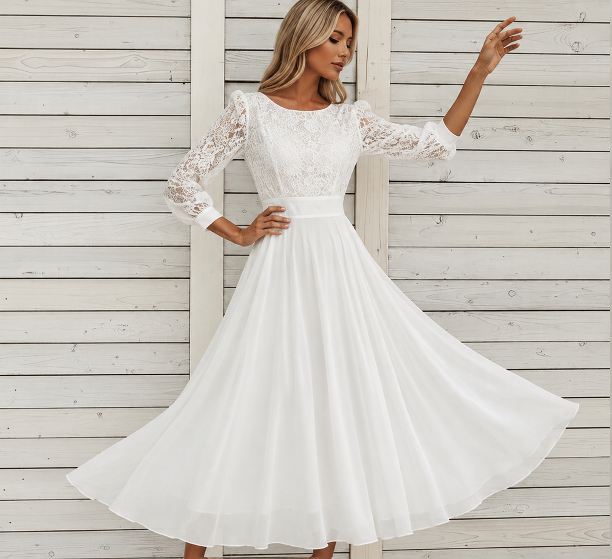 Damen MidiKleid mit Spitzenoberteil und ausgestelltem Rock