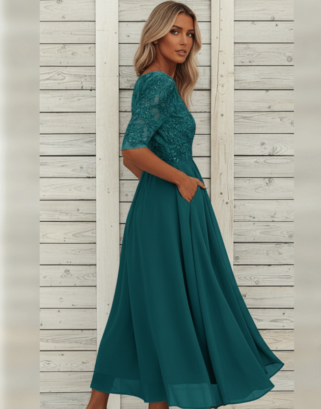 Damen MidiKleid mit Spitzenoberteil und ausgestelltem Rock