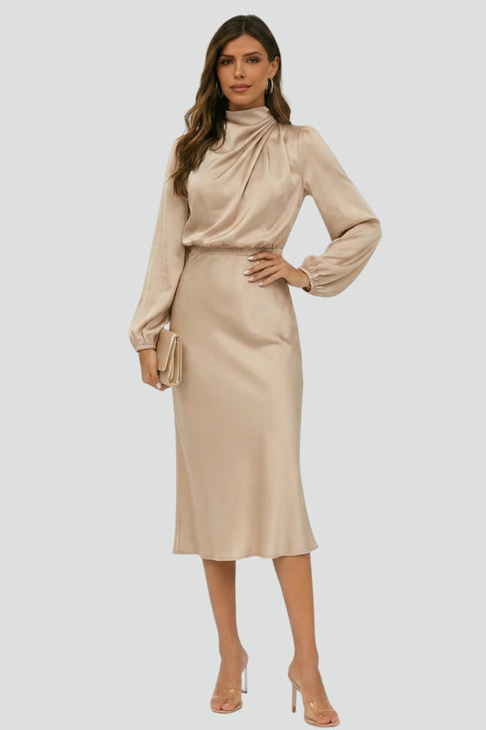 Damen Midikleid mit Stehkragen und langen Ärmeln