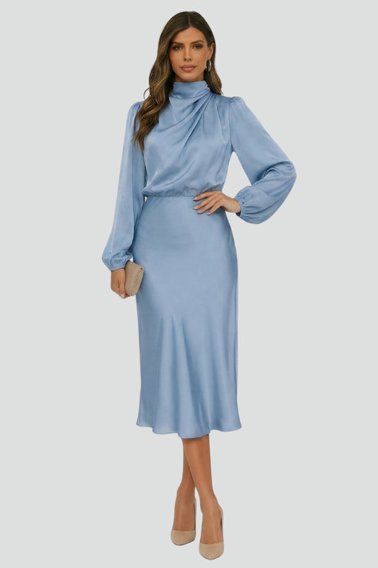 Damen Midikleid mit Stehkragen und langen Ärmeln