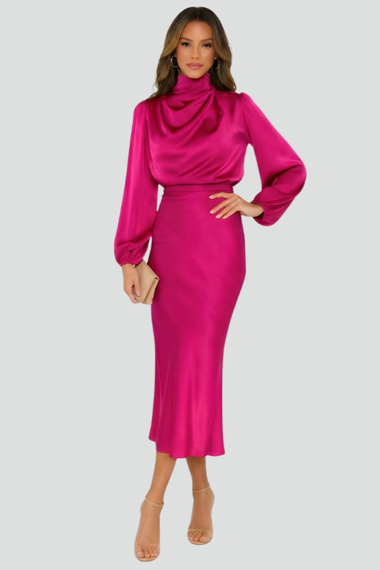 Damen Midikleid mit Stehkragen und langen Ärmeln